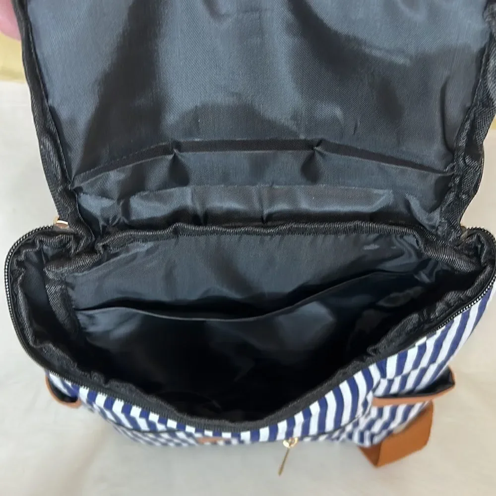 Jessica Moore Striped Backpack New 2 Zipper Sections 3 Pockets Navy White Brown